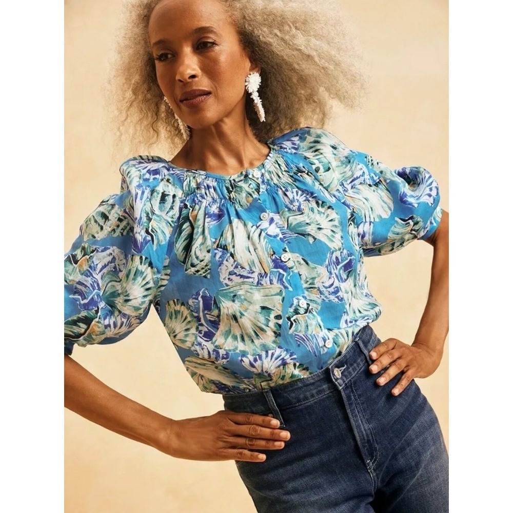 Chico's Size 2 (12) Tropical Botanical Ramie Lyocell Blouse Blue Ruffle Sleeve